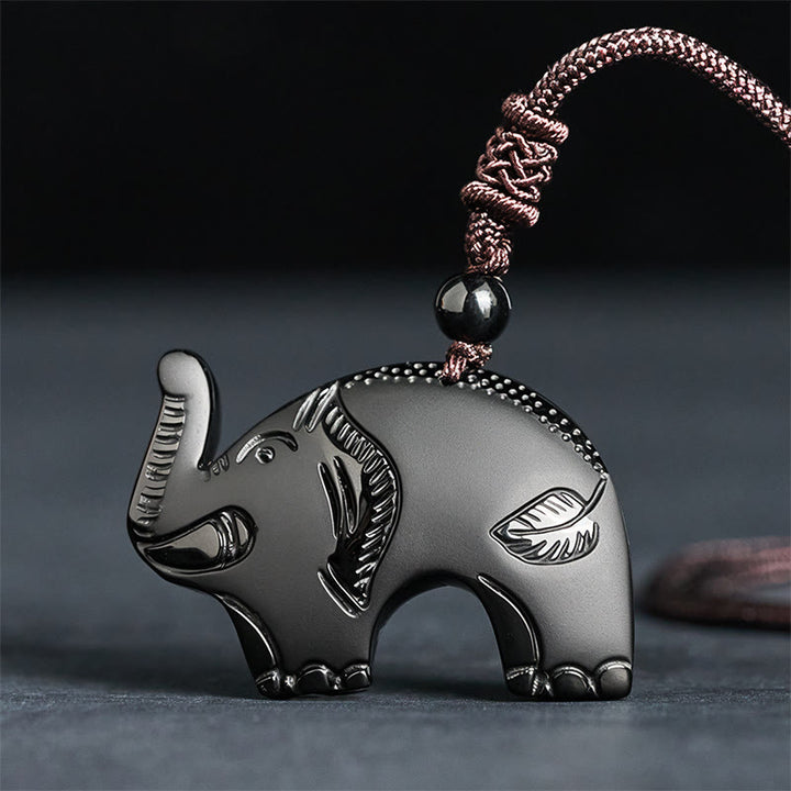 Buddha Stones Elephant Symbol Carved Design Black Obsidian Strength Necklace Pendant - Black Obsidian(Pendant Size: 29*42mm) - image 0