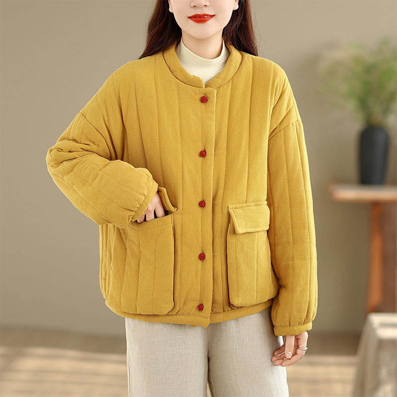 Buddha Stones Frog-Button Striped Design Long Sleeve Thickened Cotton Women's Jacket With Pockets - image 9