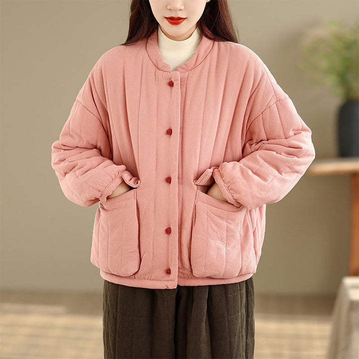 Buddha Stones Frog-Button Striped Design Long Sleeve Thickened Cotton Women's Jacket With Pockets - image 1