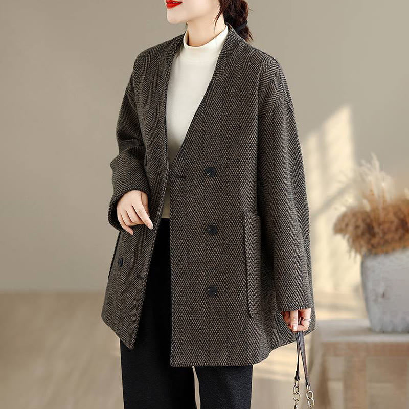 Buddha Stones Stripe V-Neck Cotton Long Sleeve Women's Coat With Pockets - image 15