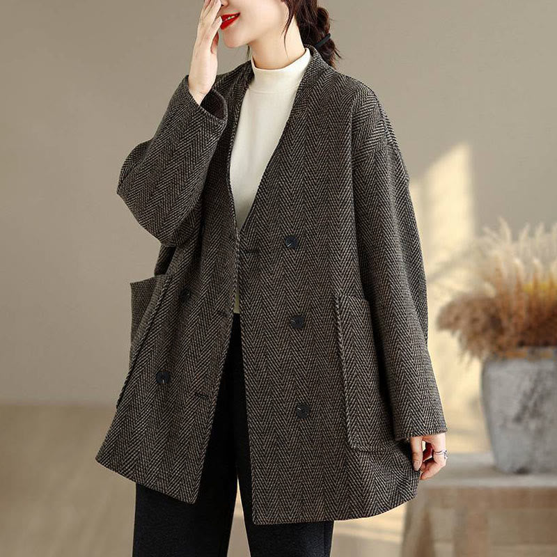 Buddha Stones Stripe V-Neck Cotton Long Sleeve Women's Coat With Pockets - SaddleBrown - US14，UK/AU18，EU46 (2XL) - image 10