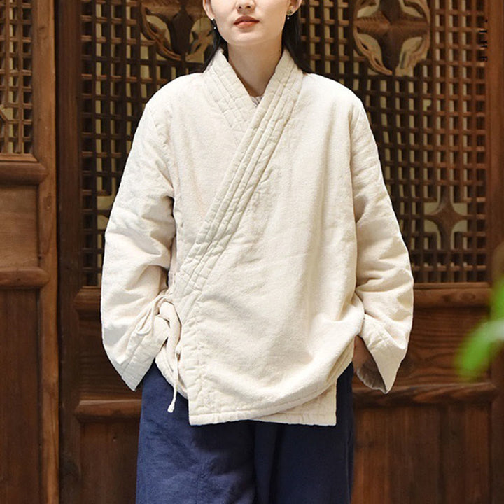 Buddha Stones Slanted Collar Plain Long Sleeve Thickened Cotton Women's Jacket  - image 1