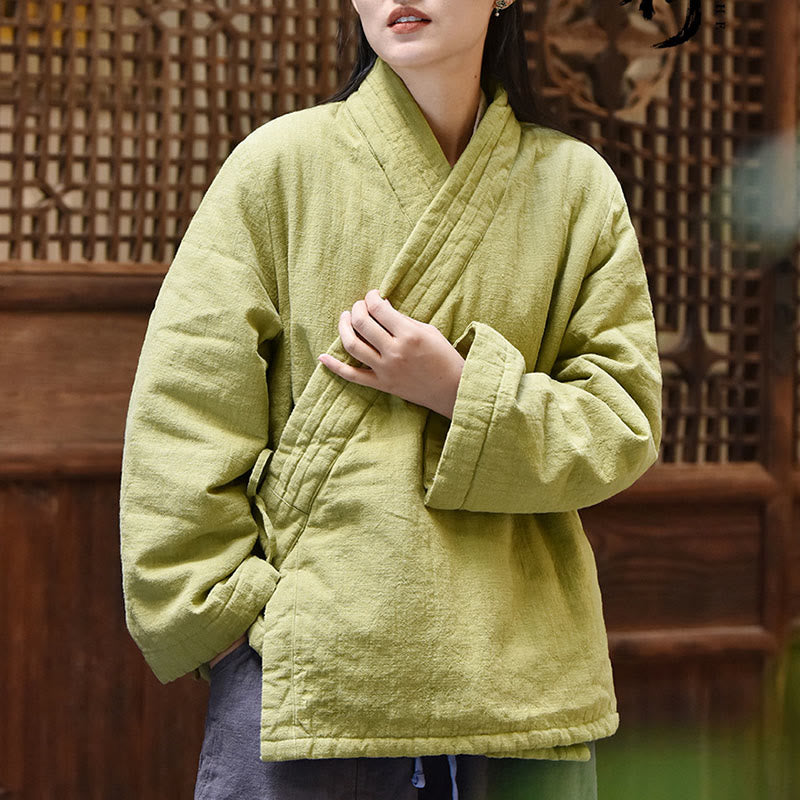 Buddha Stones Slanted Collar Plain Long Sleeve Thickened Cotton Women's Jacket  - image 7