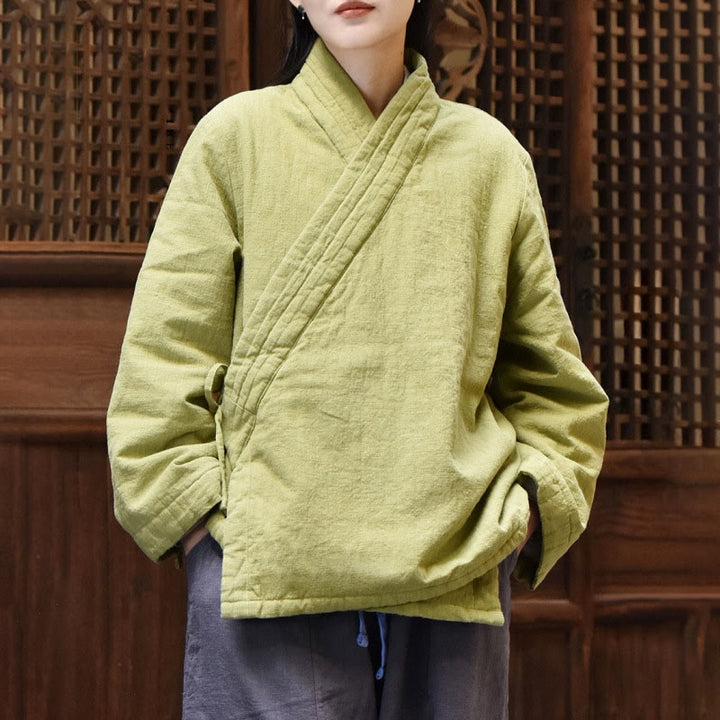 Buddha Stones Slanted Collar Plain Long Sleeve Thickened Cotton Women's Jacket  - YellowGreen - US8-10，UK/AU12-14，EU40-42 (2XL) - image 5