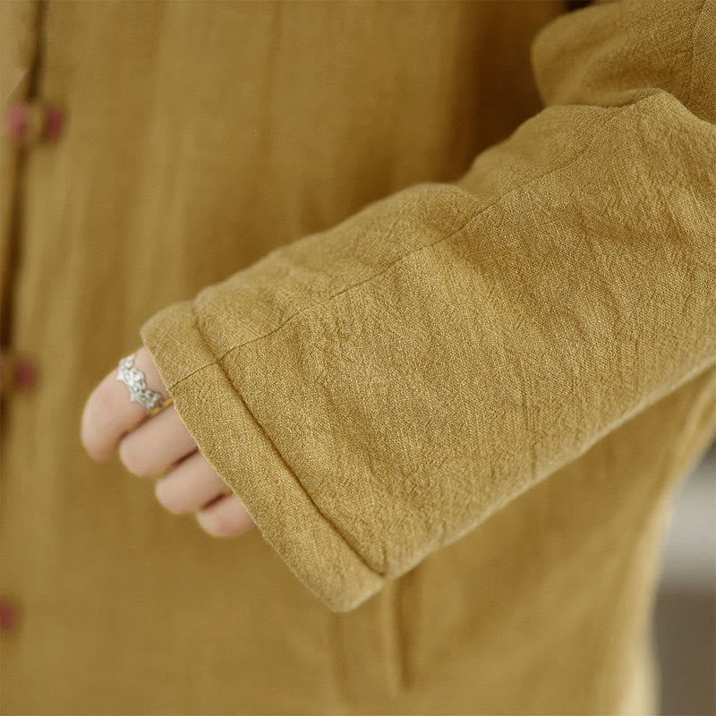 Buddha Stones Frog-button Plain Long Sleeve Thickened Cotton Women's Jacket With Pockets Hood - image 8