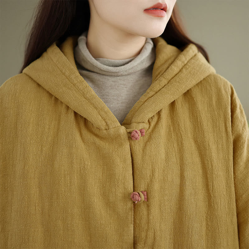 Buddha Stones Frog-button Plain Long Sleeve Thickened Cotton Women's Jacket With Pockets Hood - image 7