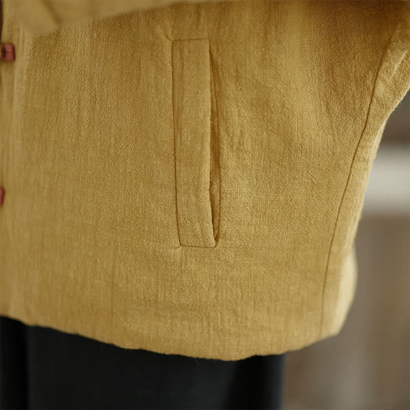 Buddha Stones Frog-button Plain Long Sleeve Thickened Cotton Women's Jacket With Pockets Hood - image 9