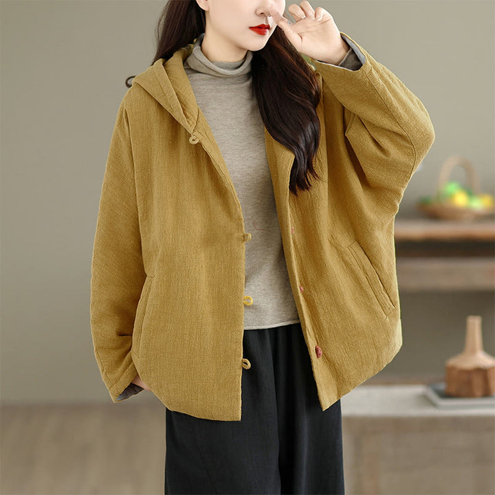 Buddha Stones Frog-button Plain Long Sleeve Thickened Cotton Women's Jacket With Pockets Hood - image 4