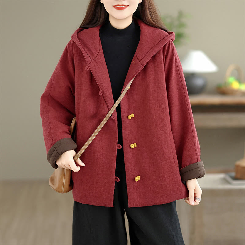 Buddha Stones Frog-button Plain Long Sleeve Thickened Cotton Women's Jacket With Pockets Hood - image 15
