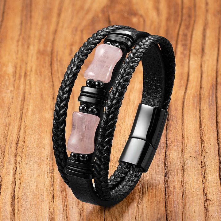 Buddha Stones Green Aventurine Amethyst Black Onyx Pink Crystal Positivity Braided Leather Bracelet - Pink Crystal - 18-22cm - image 8