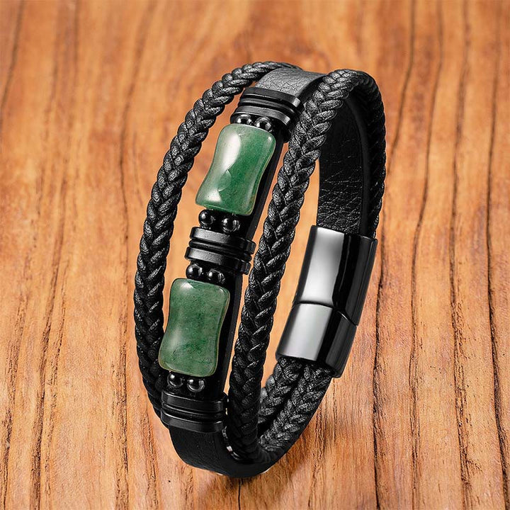 Buddha Stones Green Aventurine Amethyst Black Onyx Pink Crystal Positivit Braided Leather Bracelet - Green Aventurine - 18-22cm - image 0