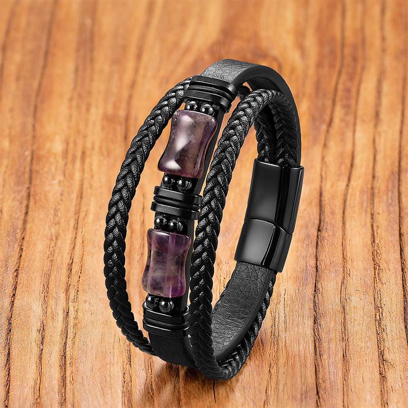 Buddha Stones Green Aventurine Amethyst Black Onyx Pink Crystal Positivity Braided Leather Bracelet - Amethyst - 18-22cm - image 4