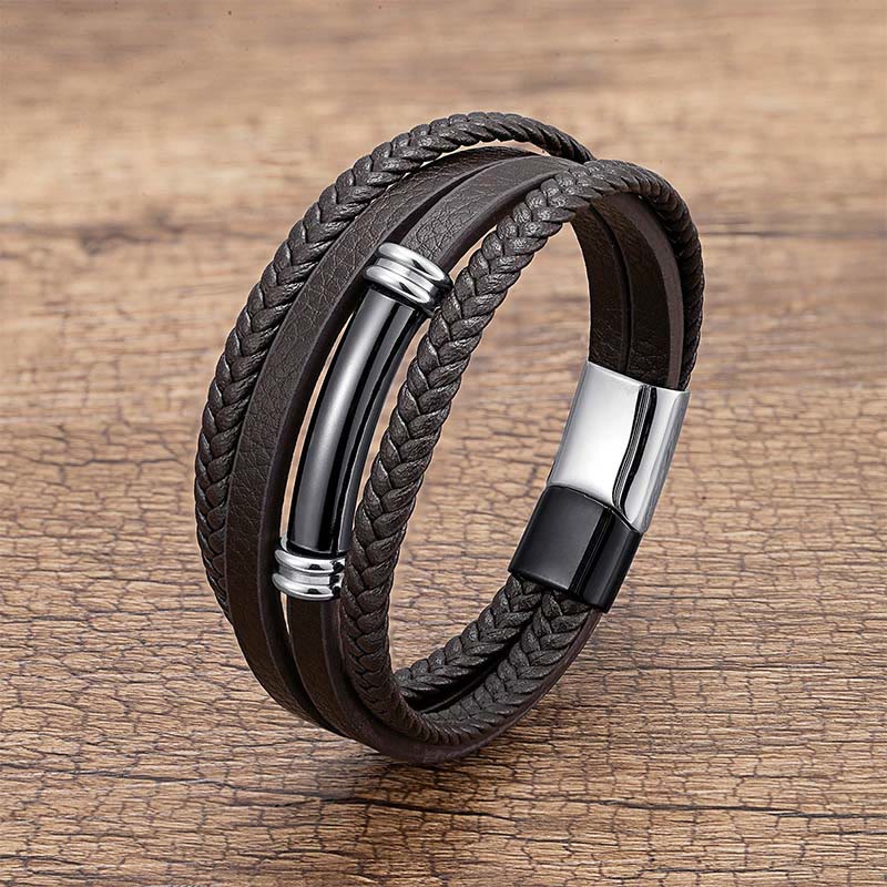 Buddha Stones Multi-layered Simple Design Leather Titanium Steel Balance Bracelet - Black&Silver - 18-22cm - image 9