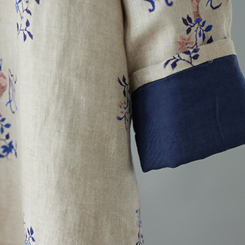 Buddha Stones Slanted Collar Frog-Button Vase Plant Pattern Long Sleeve Crew Neck Cotton Midi Dress - image 3