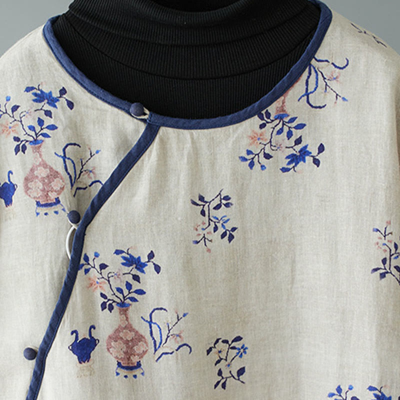 Buddha Stones Slanted Collar Frog-Button Vase Plant Pattern Long Sleeve Crew Neck Cotton Midi Dress - image 2