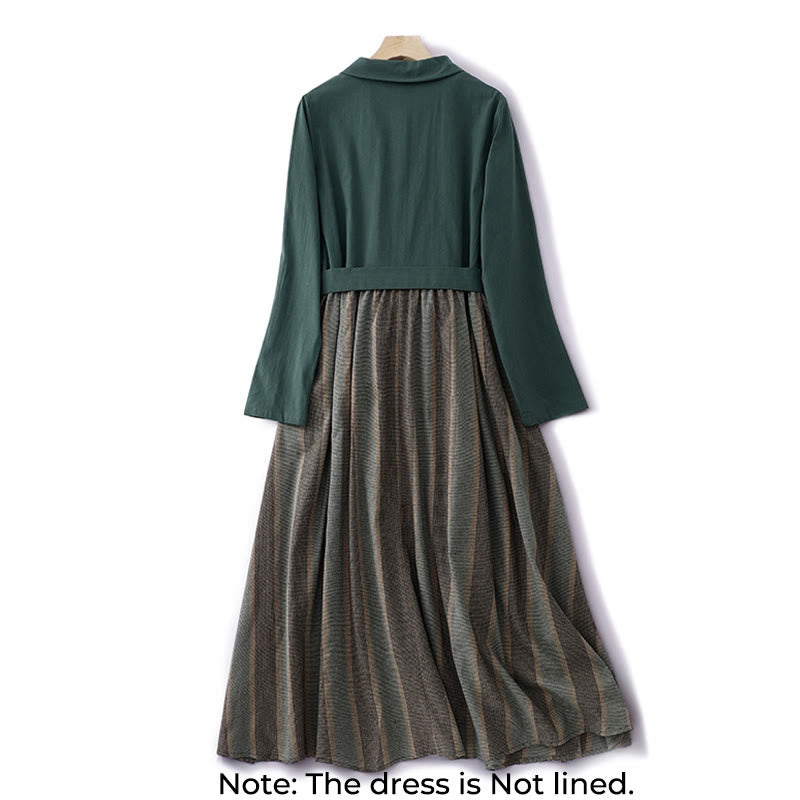 Buddha Stones Lapel Color Blocking Design Long Sleeve Cotton Midi Dress With Pockets - image 1