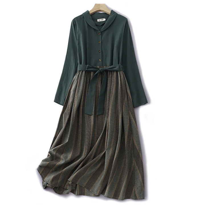 Buddha Stones Lapel Color Blocking Design Long Sleeve Cotton Midi Dress With Pockets - DarkGreen - US8-10，UK/AU12-14，EU40-42 (2XL) - image 0