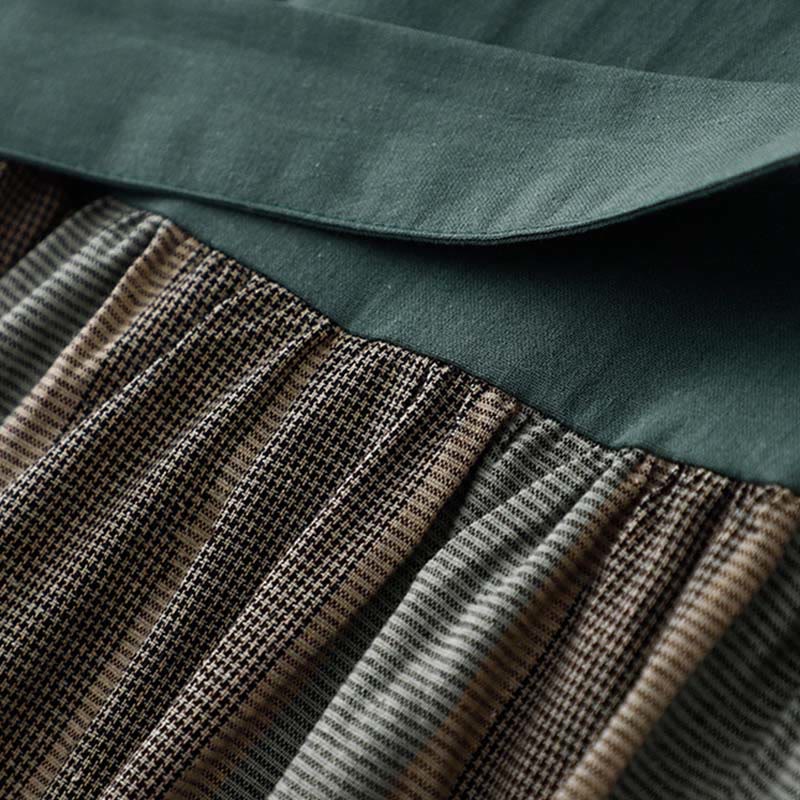 Buddha Stones Lapel Color Blocking Design Long Sleeve Cotton Midi Dress With Pockets - image 6