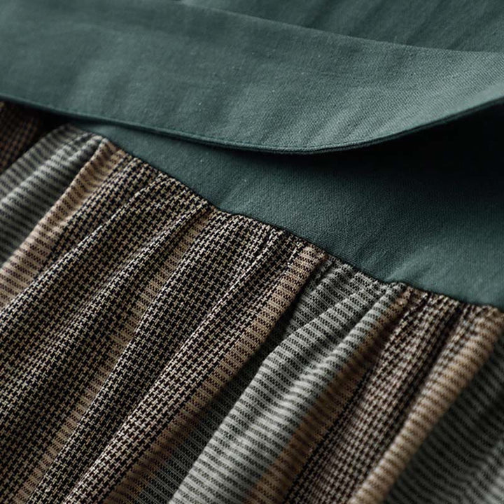 Buddha Stones Lapel Color Blocking Design Long Sleeve Cotton Midi Dress With Pockets - image 6