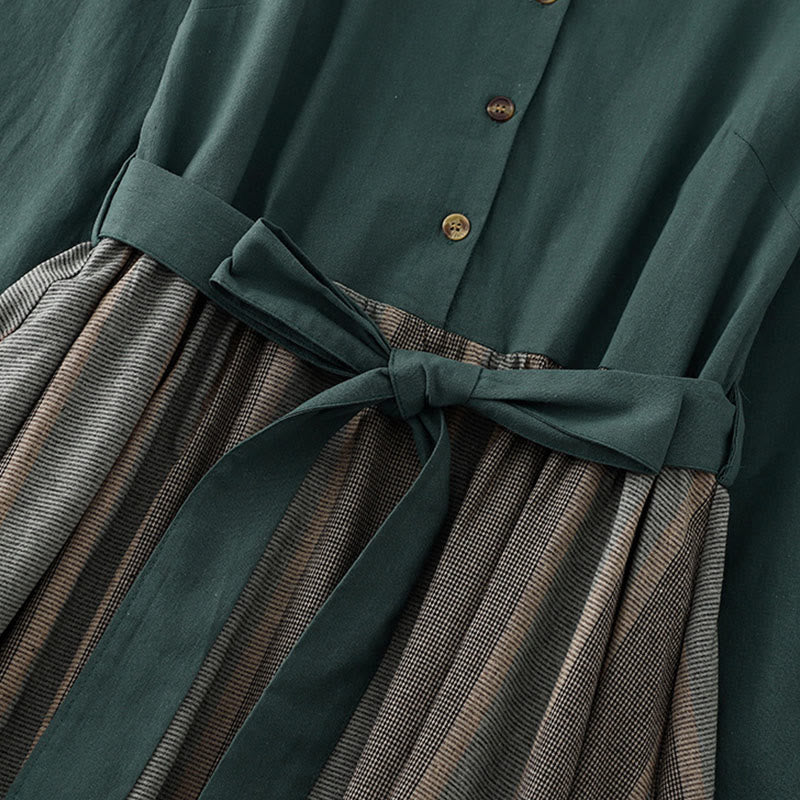 Buddha Stones Lapel Color Blocking Design Long Sleeve Cotton Midi Dress With Pockets - image 2