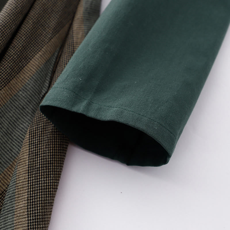 Buddha Stones Lapel Color Blocking Design Long Sleeve Cotton Midi Dress With Pockets - image 5