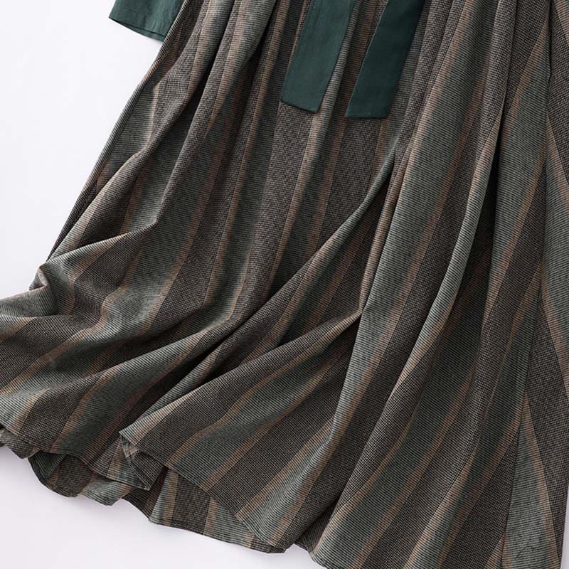 Buddha Stones Lapel Color Blocking Design Long Sleeve Cotton Midi Dress With Pockets - image 9