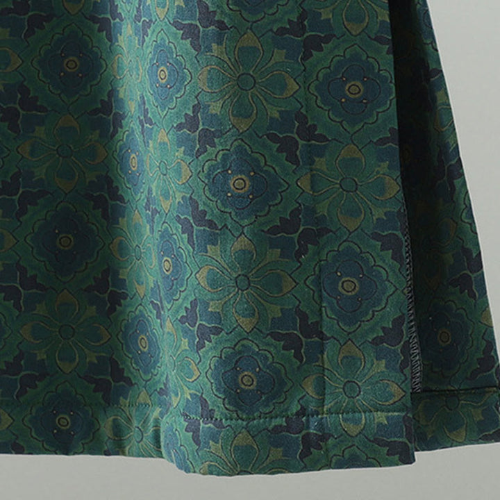 Buddha Stones Stand Collar Frog-button Flower Pattern Long Sleeve Cotton Midi Dress - image 7