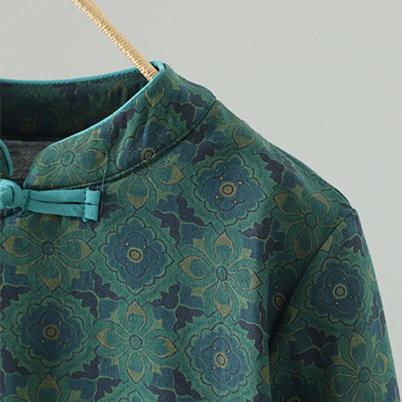 Buddha Stones Stand Collar Frog-button Flower Pattern Long Sleeve Cotton Midi Dress - image 5