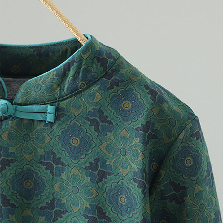 Buddha Stones Stand Collar Frog-button Flower Pattern Long Sleeve Cotton Midi Dress - image 5