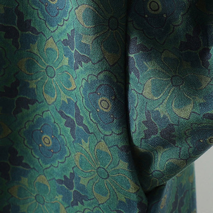 Buddha Stones Stand Collar Frog-button Flower Pattern Long Sleeve Cotton Midi Dress - image 10