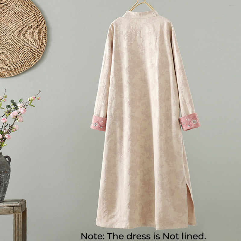 Buddha Stones Stand Collar Frog-Button Flower Pattern Embroidery Design Long Sleeve Cotton Midi Dress - image 1