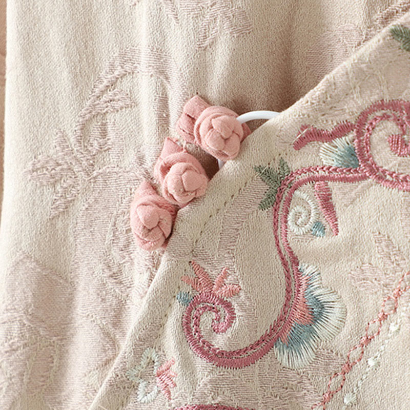 Buddha Stones Stand Collar Frog-Button Flower Pattern Embroidery Design Long Sleeve Cotton Midi Dress - image 4