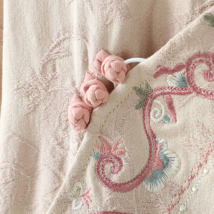 Buddha Stones Stand Collar Frog-Button Flower Pattern Embroidery Design Long Sleeve Cotton Midi Dress - image 4