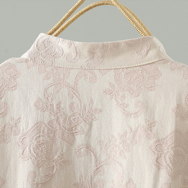 Buddha Stones Stand Collar Frog-Button Flower Pattern Embroidery Design Long Sleeve Cotton Midi Dress - image 6