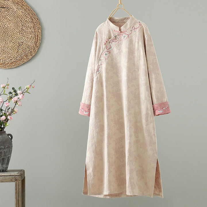 Buddha Stones Stand Collar Frog-Button Flower Pattern Embroidery Design Long Sleeve Cotton Midi Dress - MistyRose - US8-10，UK/AU12-14，EU40-42 (2XL) - image 0