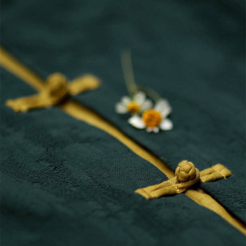 Buddha Stones Frog-Button Plain V-Neck Long Sleeve Cotton Midi Dress With Pockets - image 9