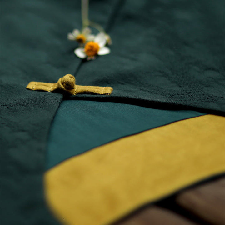 Buddha Stones Frog-Button Plain V-Neck Long Sleeve Cotton Midi Dress With Pockets - image 7