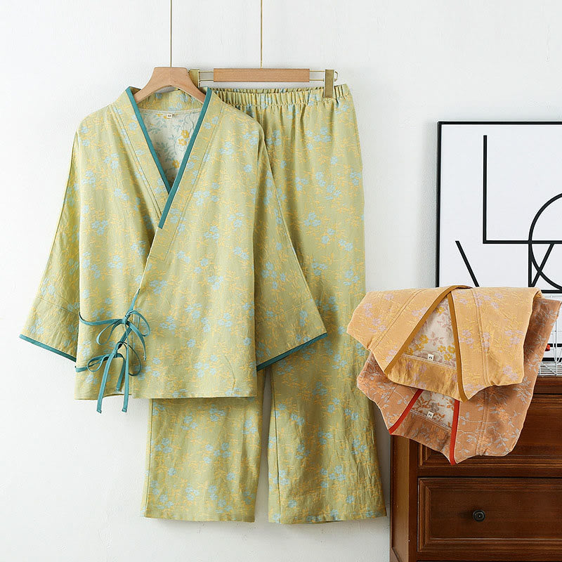 Buddha Stones 2pcs Colorful Floral Leaf Long Sleeve V-Neck Shirt Pants Cotton Pajamas Set With Pockets - YellowGreen - US12，UK/AU16，EU44 (XL) - image 0