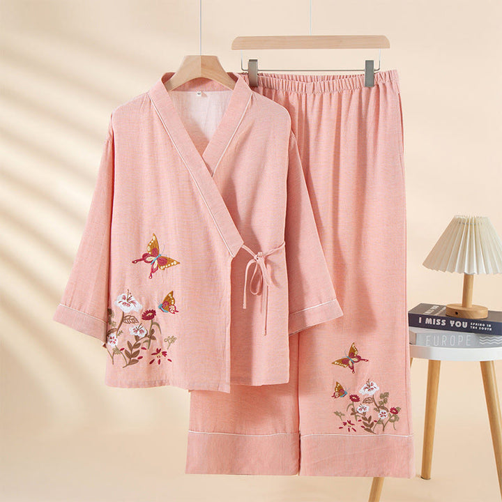Buddha Stones 2pcs Colorful Floral Butterfly Long Sleeve V-Neck Shirt Pants Cotton Pajamas Set With Pockets - LightPink - US6，UK/AU10，EU38 (XL) - image 6
