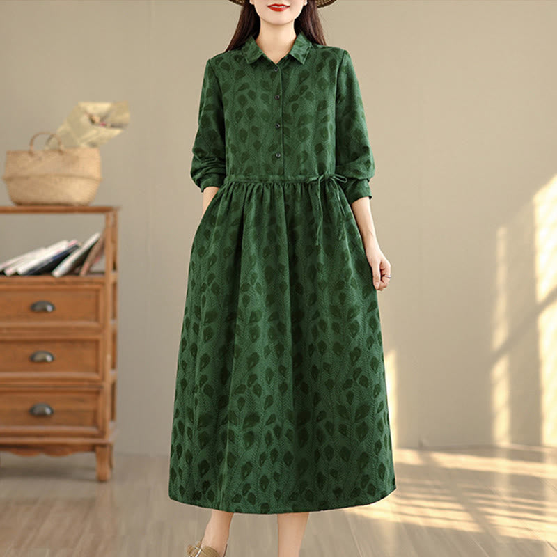 Buddha Stones Leaf Pattern Stand Collar Long Sleeve Cotton Midi Dress With Pockets - image 2