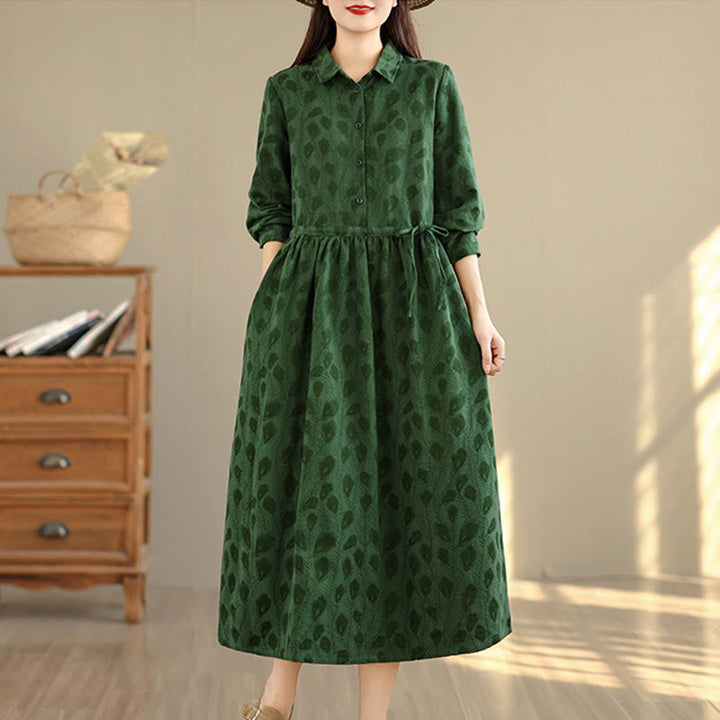 Buddha Stones Leaf Pattern Stand Collar Long Sleeve Cotton Midi Dress With Pockets - image 2