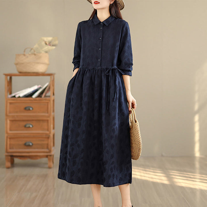 Buddha Stones Leaf Pattern Stand Collar Long Sleeve Cotton Midi Dress With Pockets - MidnightBlue - US8-10，UK/AU12-14，EU40-42 (2XL) - image 9