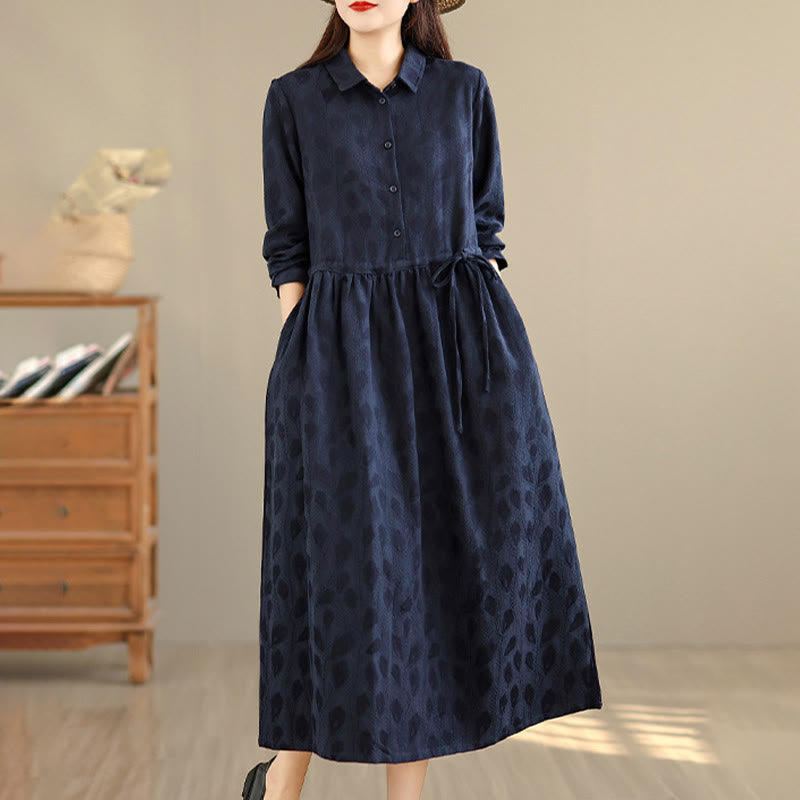 Buddha Stones Leaf Pattern Stand Collar Long Sleeve Cotton Midi Dress With Pockets - image 11