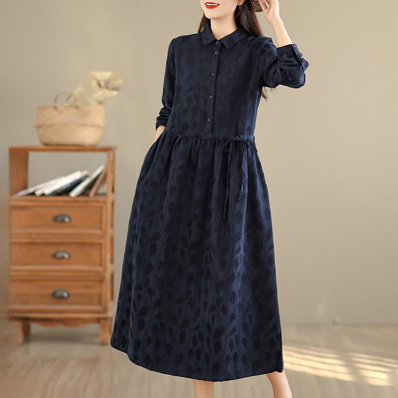 Buddha Stones Leaf Pattern Stand Collar Long Sleeve Cotton Midi Dress With Pockets - image 13