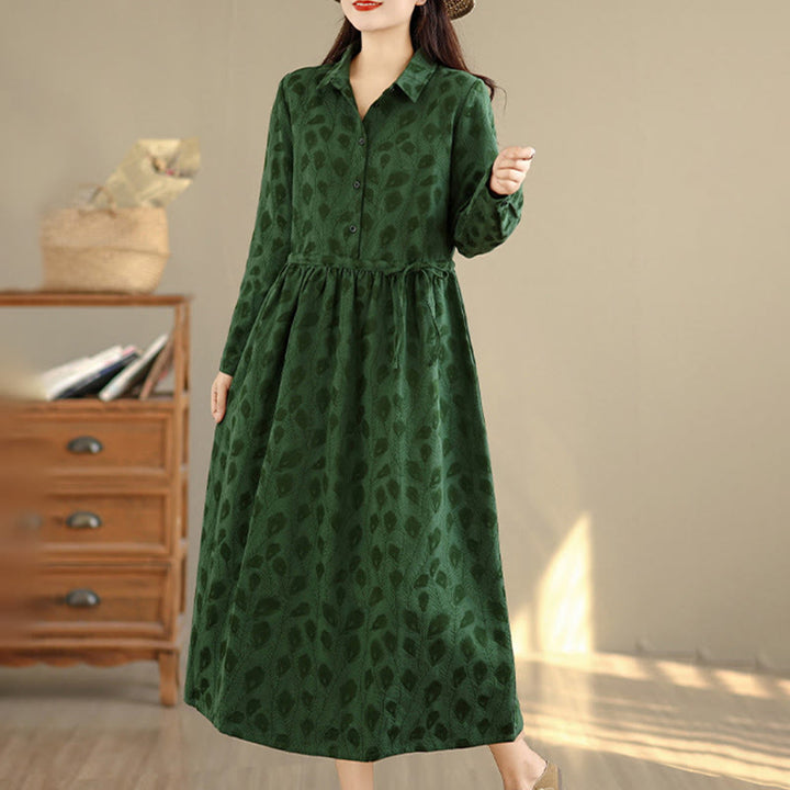 Buddha Stones Leaf Pattern Stand Collar Long Sleeve Cotton Midi Dress With Pockets - image 4