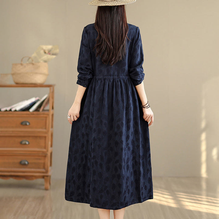 Buddha Stones Leaf Pattern Stand Collar Long Sleeve Cotton Midi Dress With Pockets - image 14