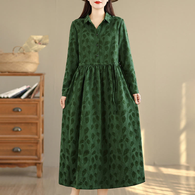 Buddha Stones Leaf Pattern Stand Collar Long Sleeve Cotton Midi Dress With Pockets - image 3