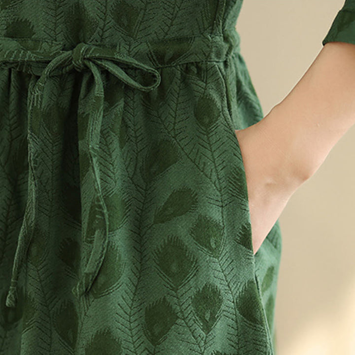 Buddha Stones Leaf Pattern Stand Collar Long Sleeve Cotton Midi Dress With Pockets - image 8