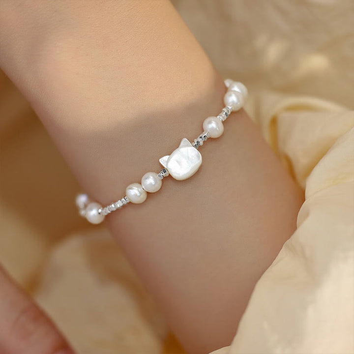 Buddha Stones Pearl Cat Head Tridacna Stone Silver Chain Healing Bracelet - Pearl(Wrist Circumference 14-16cm) - image 0