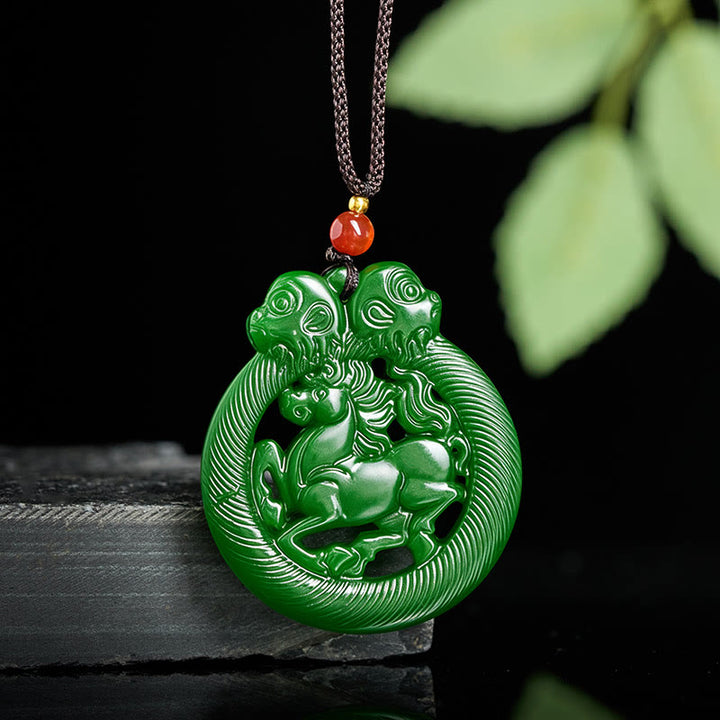 Buddha Stones Year Of The Horse Jade Prosperity Hollow Necklace Pendants - Jade - image 0